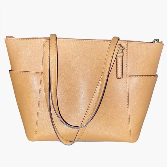 Michael Kors Charlotte Tan/Brown Jet Set Saffiano Leather Top Zip Tote Handbag - Picture 4 of 10